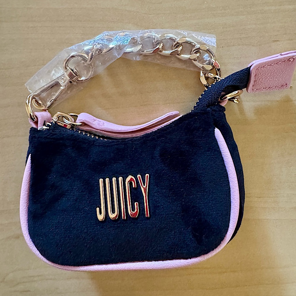Juicy Couture Micro Mini Black Pink Velour Baguette Bag Charm Gold Chain NWOT